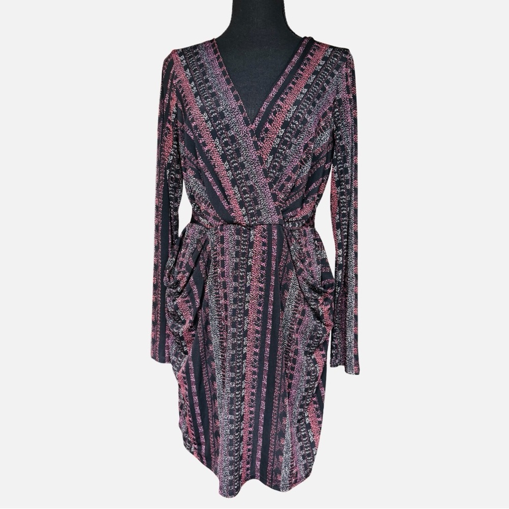 BCBGeneration black long sleeve wrap dress w/ pink & white geometric pattern